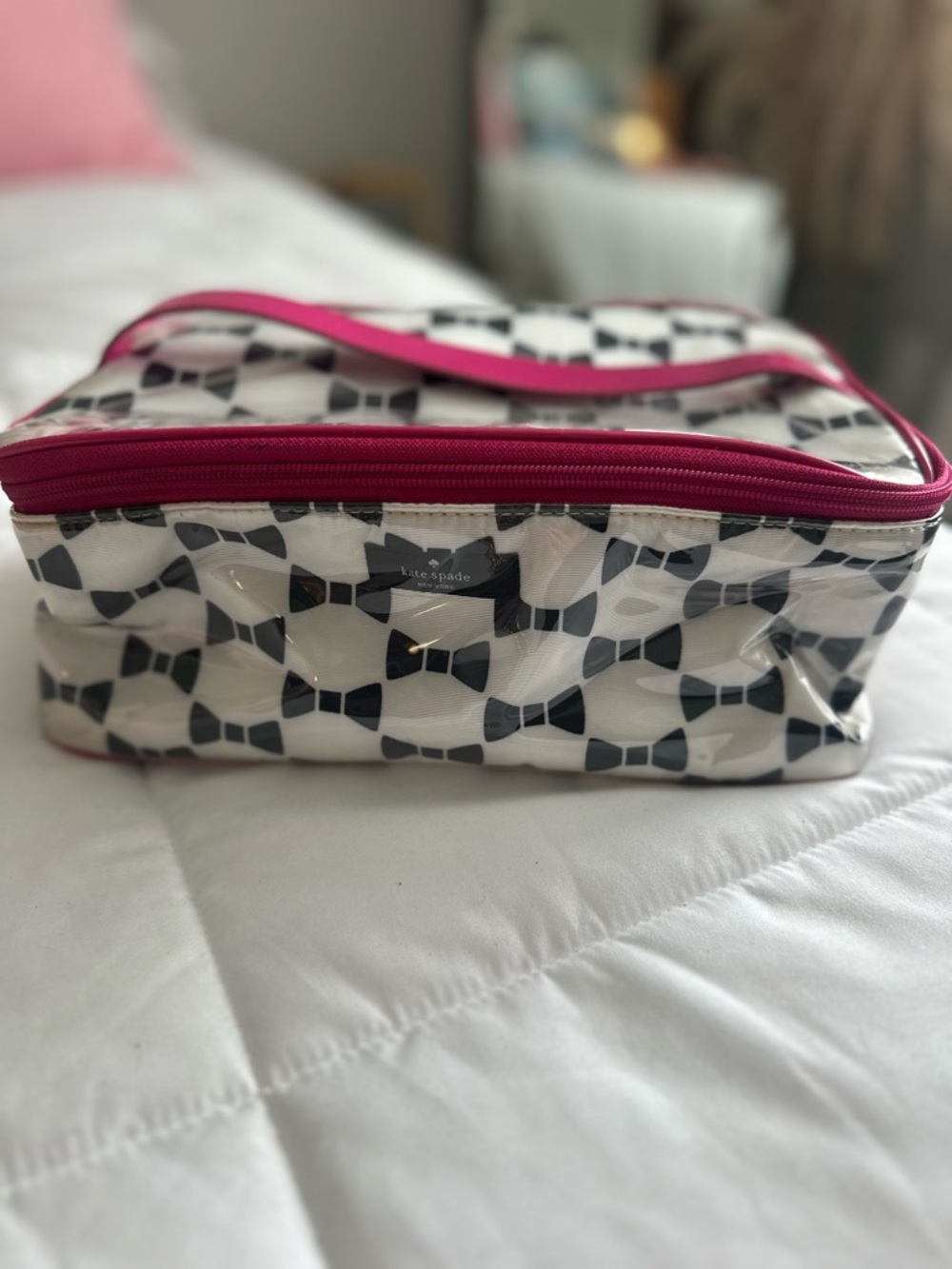kate spade Black Bow Pattern Cosmetic Case with Pink Trim